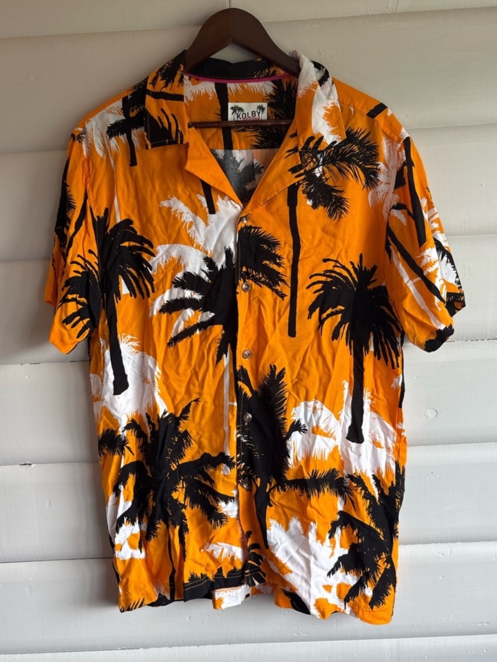 Kolby Spring Break Hawaiian Camp Shirt Men’s L Orange Palm Tree 100% Viscose